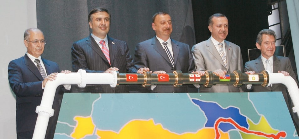 Presidents of Turkey, Georgia, Azerbaijan, the Turkish Premier, and the BP President initiate the BTC operations. July 2006.