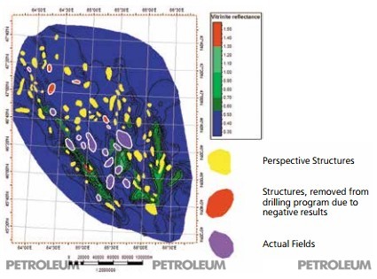 Figure 4. The greatest possible distribution of the source rock maturity zones-vitrinit’s
reflecting properties